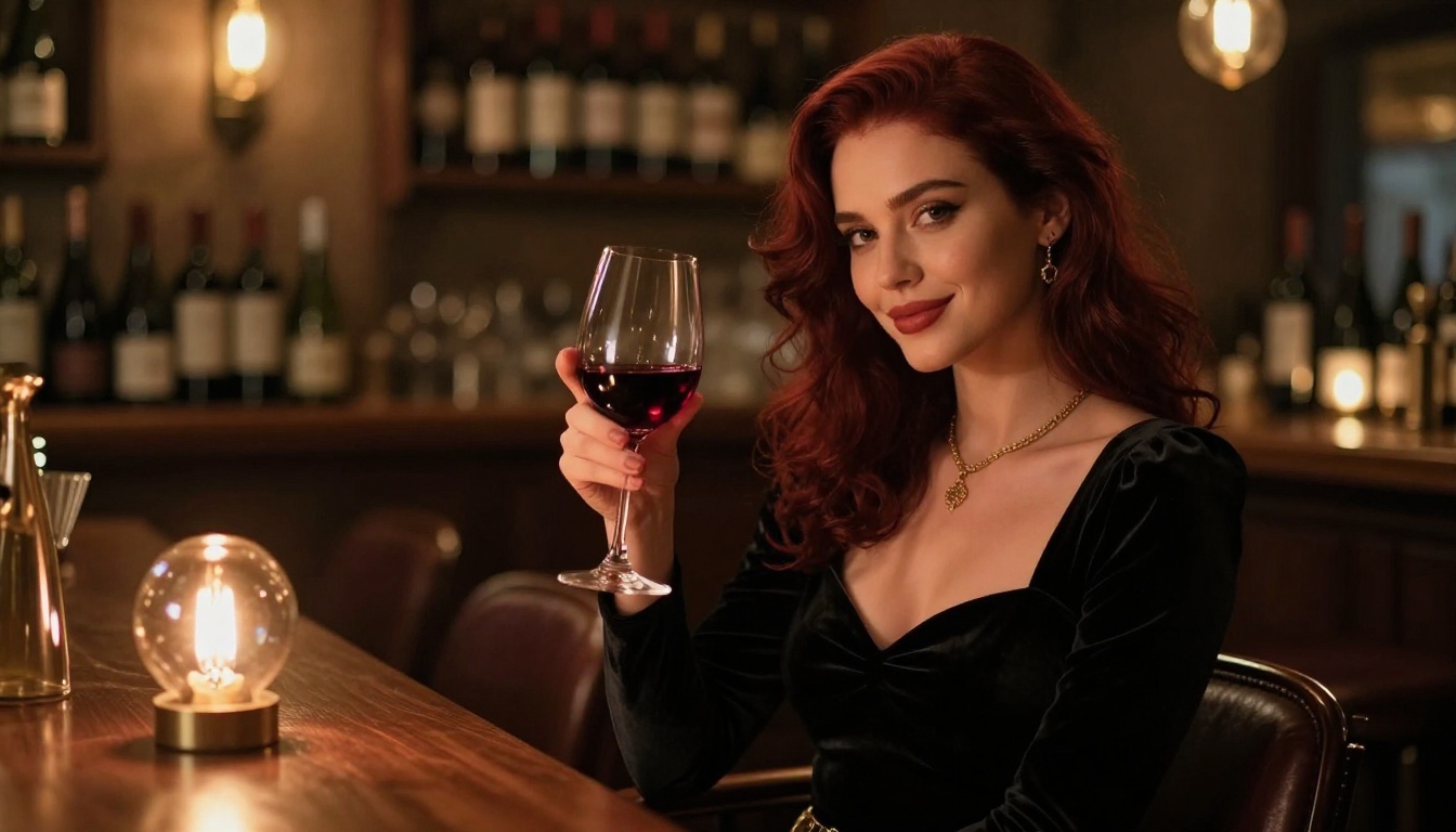 Elegant dark red hair AI companion in black velvet dress at intimate candlelit wine bar, Edison bulb ambient light, 50mm bokeh, photorealistic portrait