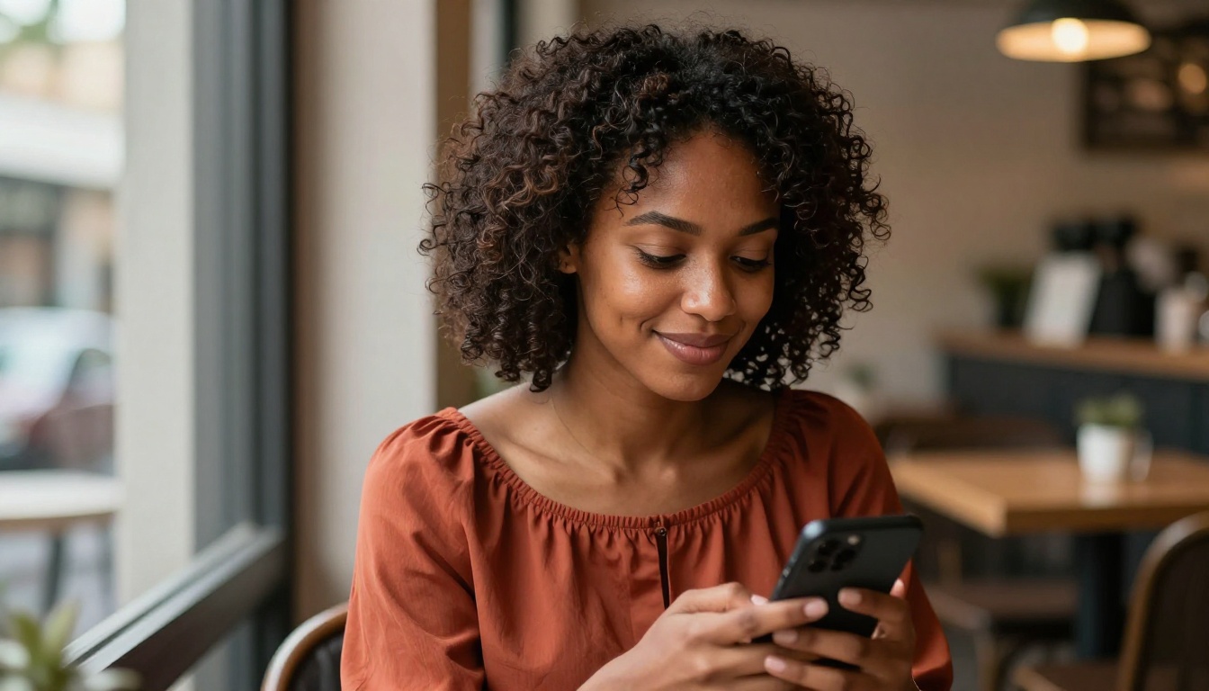 African American woman smiling at phone in warm café setting