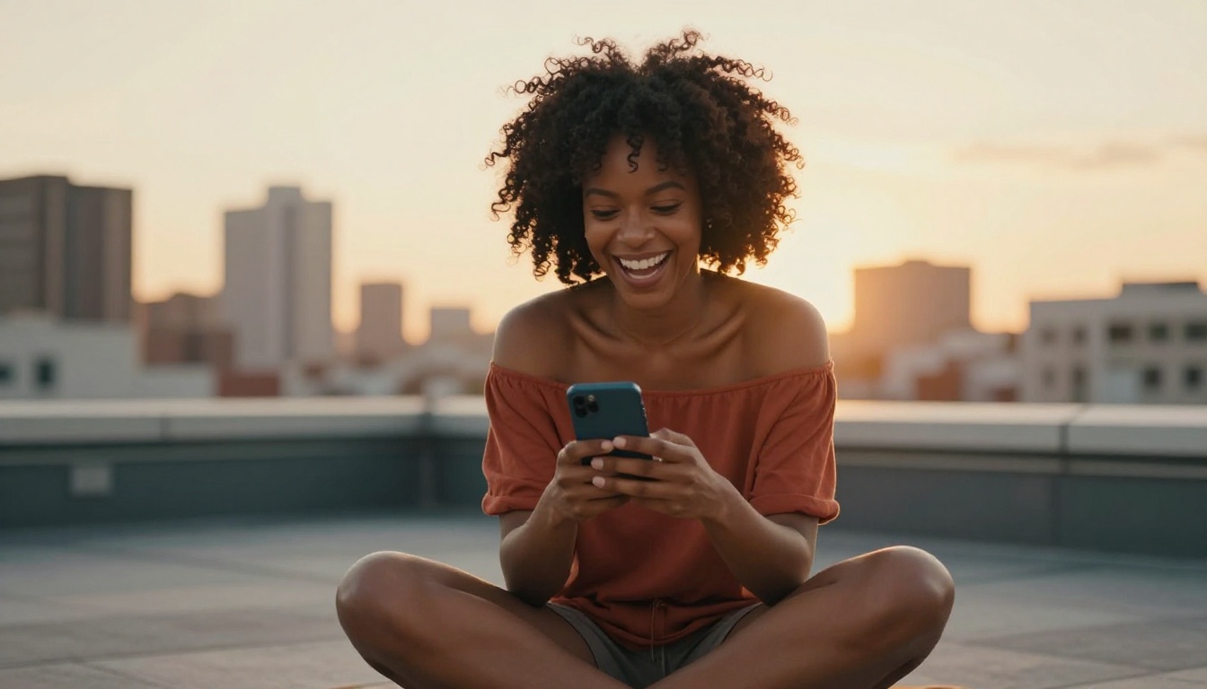 A Black woman with natural curly hair laughing on a rooftop at sunset while looking at her phone