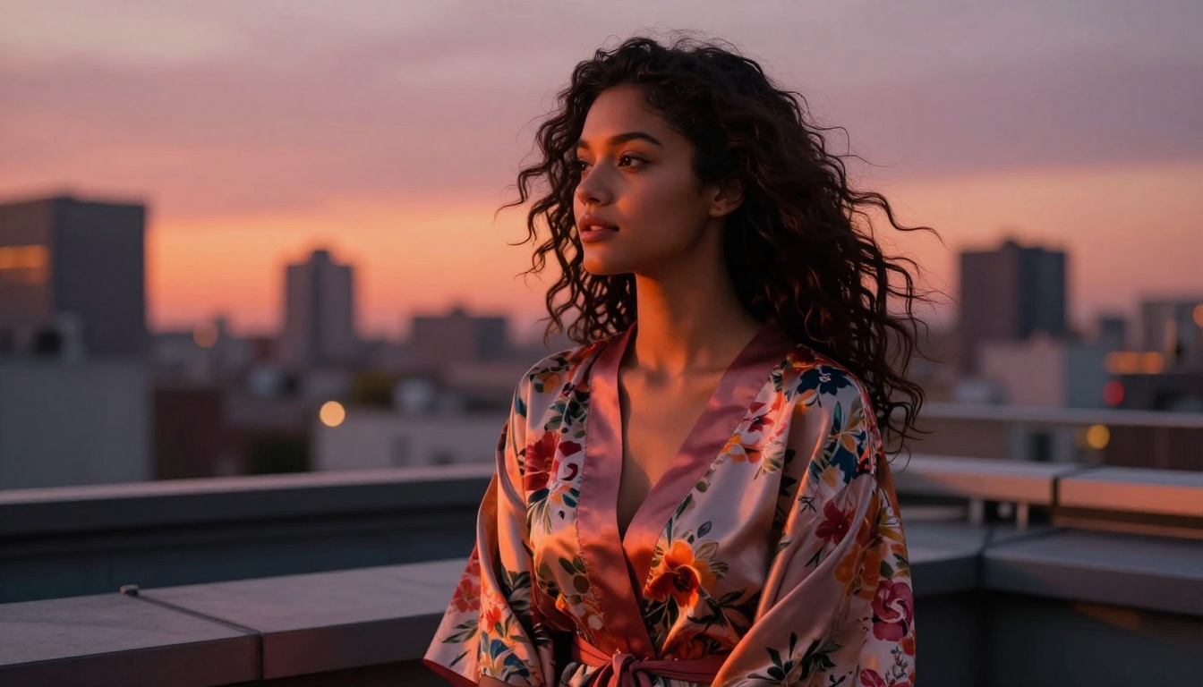 Beautiful mixed-heritage AI companion on rooftop terrace at dusk in silky floral kimono robe, city skyline sunset bokeh, warm magenta light on skin