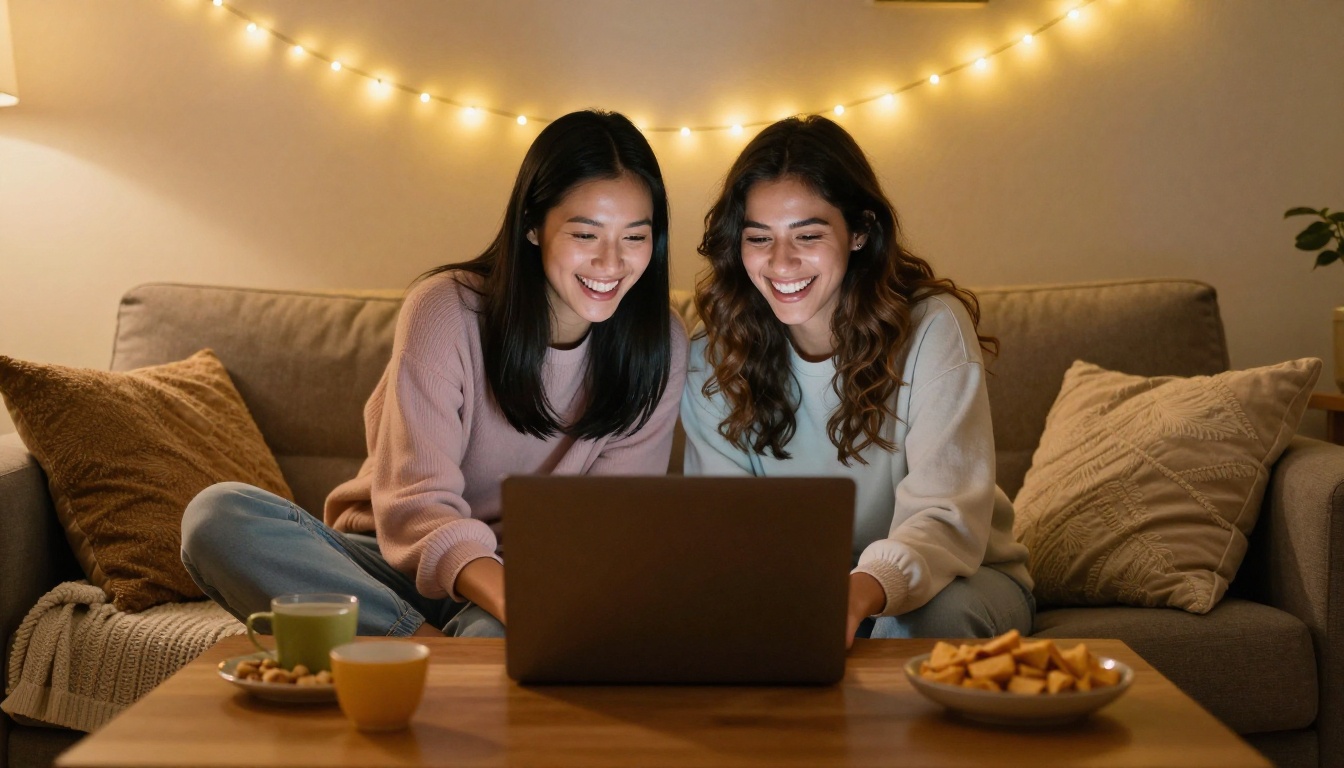 Two women laughing together on a cozy couch