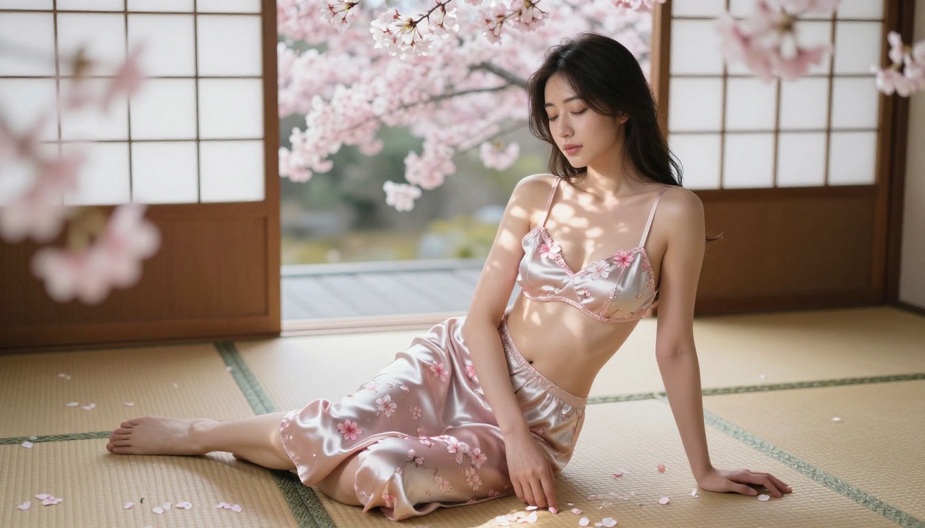 Beautiful Japanese woman in floral satin lingerie on tatami flooring surrounded by cherry blossom petals, soft diffused light Beautiful Japanese woman in floral satin lingerie on tatami flooring surrounded by cherry blossom petals, soft diffused light