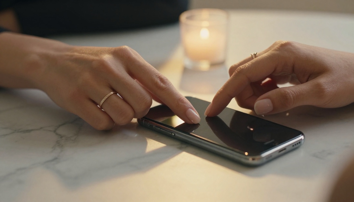 Close-up of woman's hands and phone on marble table with candle light