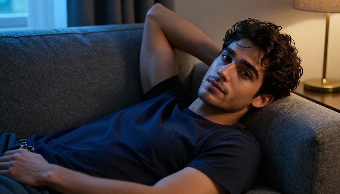 A handsome man with dark wavy hair on a modern sofa, looking at the camera with an intense warm gaze