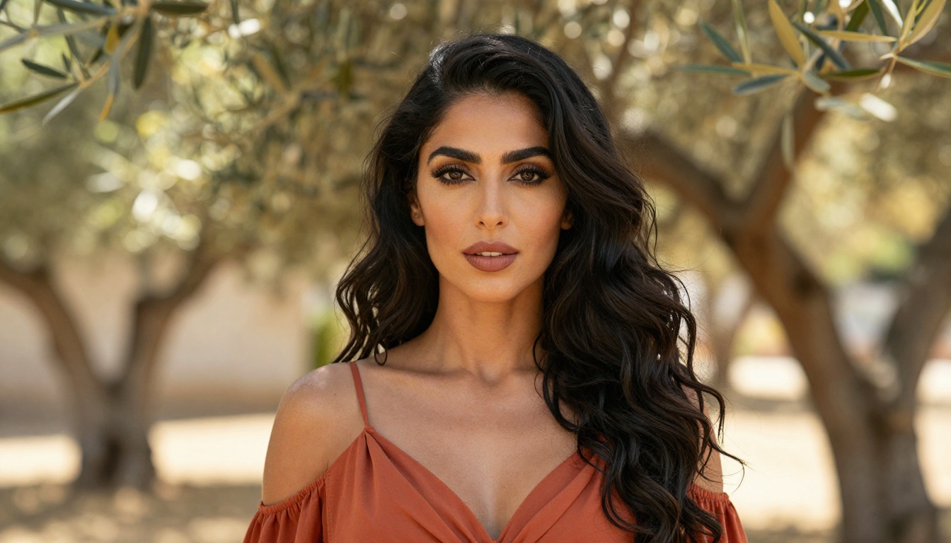 Middle Eastern woman in terracotta sundress in Mediterranean garden