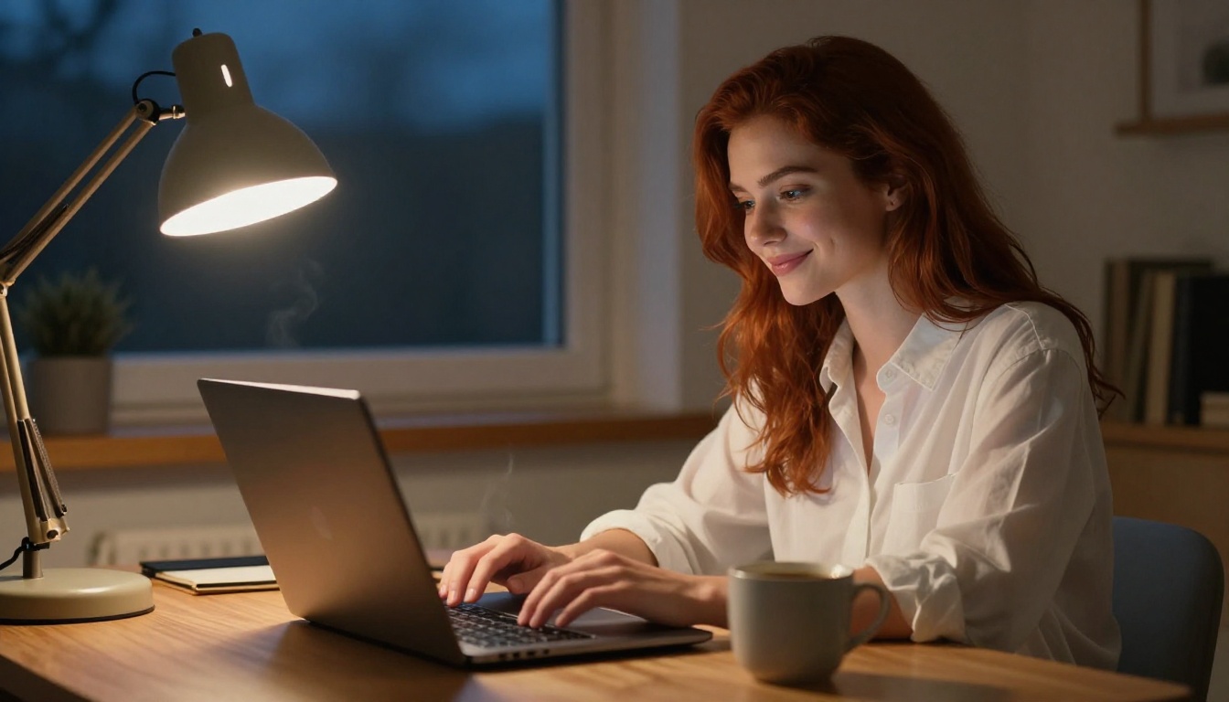 A young woman with auburn hair smiling at her laptop in a cozy home office at night