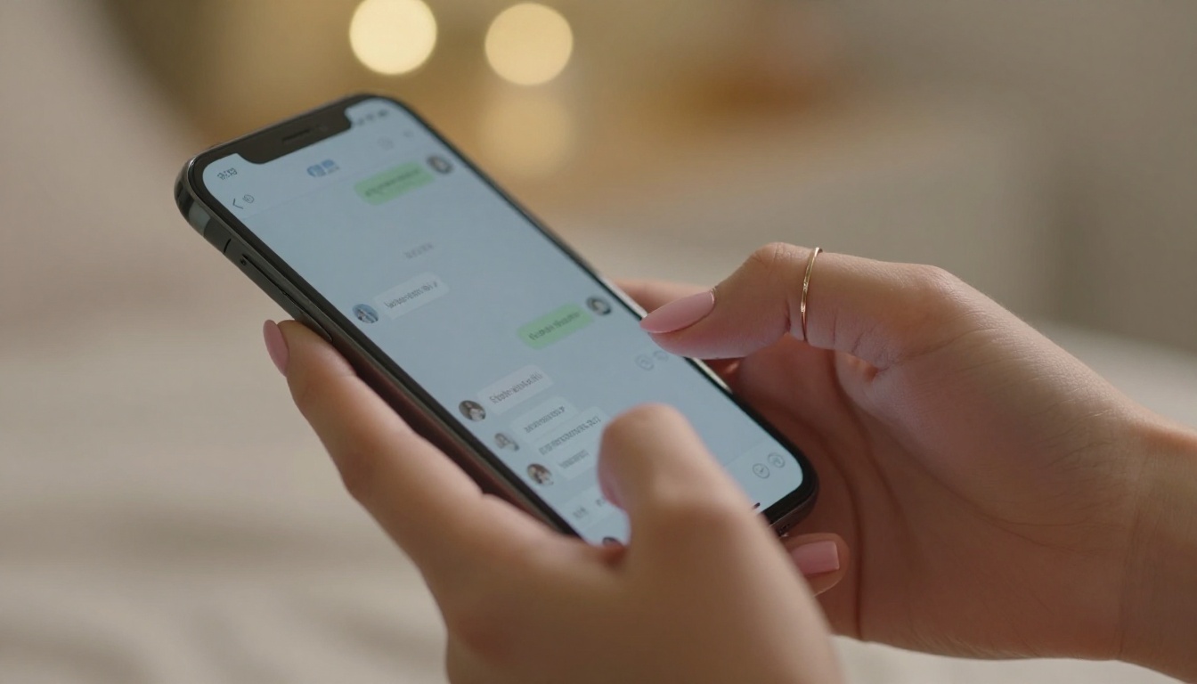 Close-up of a woman's hands holding a smartphone showing a romantic chat interface, warm fairy lights bokeh in the background