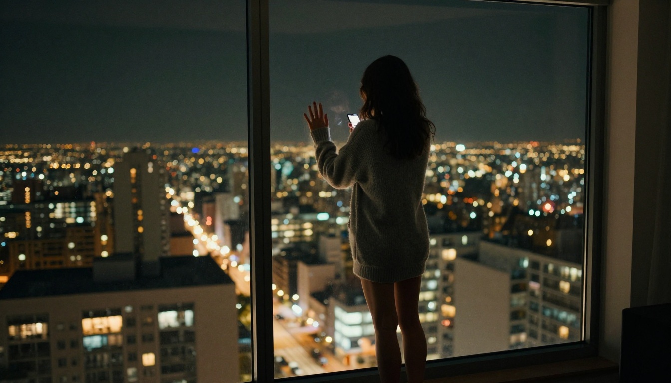 A woman standing at a high-rise window at night, city lights blazing below her, holding her phone to her chest