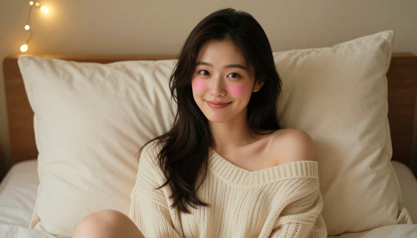 Playful Japanese woman in cream knit sweater against string light bokeh