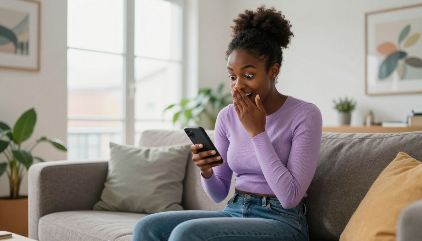 A young woman on a bright couch, eyes wide with surprise and delight at something she just read on her phone