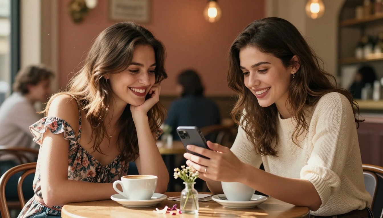 Two women at a cafe discussing an AI chat app on a smartphone
