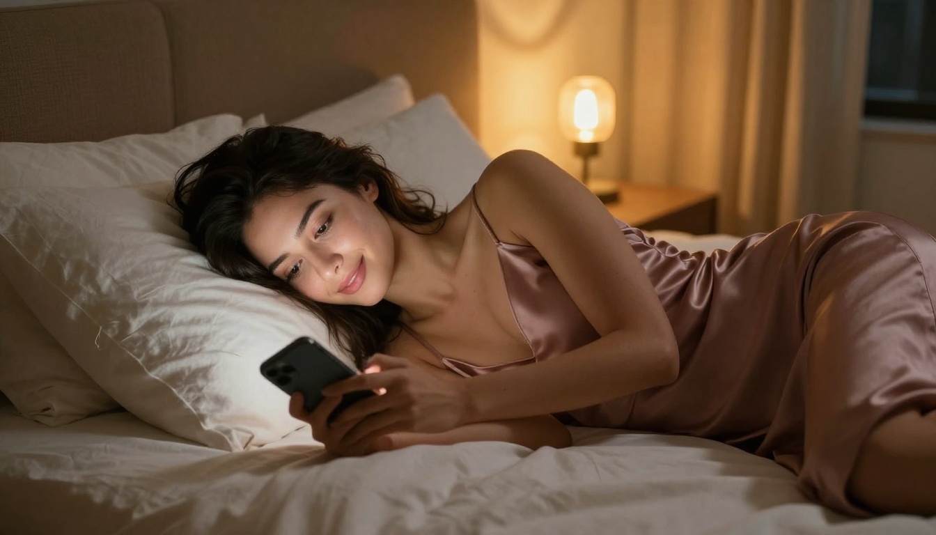 Woman on bed engaged in an intimate AI chat conversation