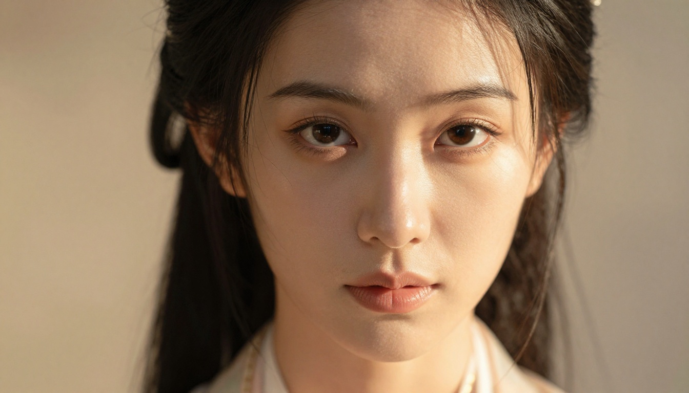 Extreme close-up portrait of an East Asian woman with a direct, confident gaze
