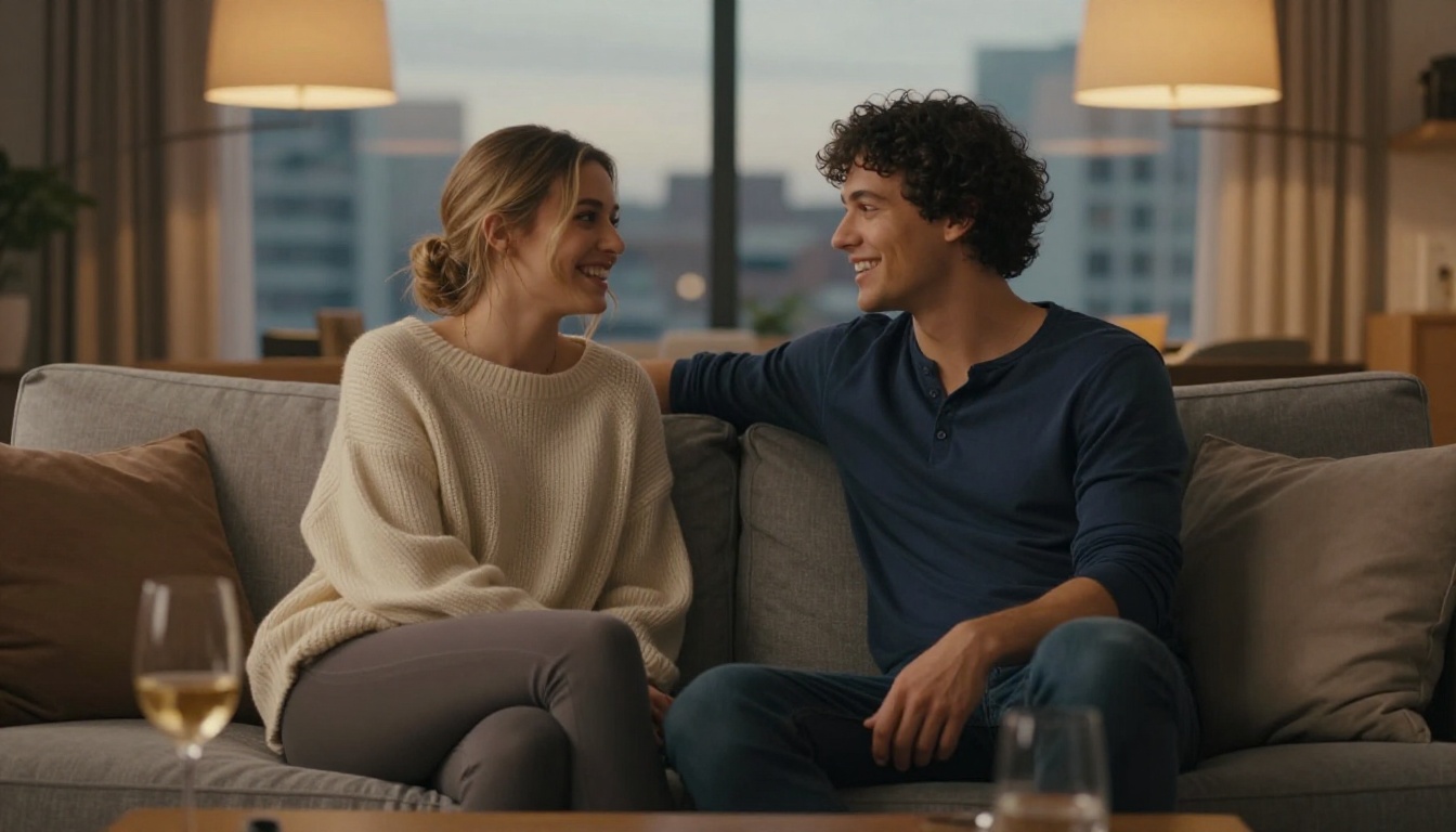 Young couple in warm, genuine laughter on a modern sofa at dusk