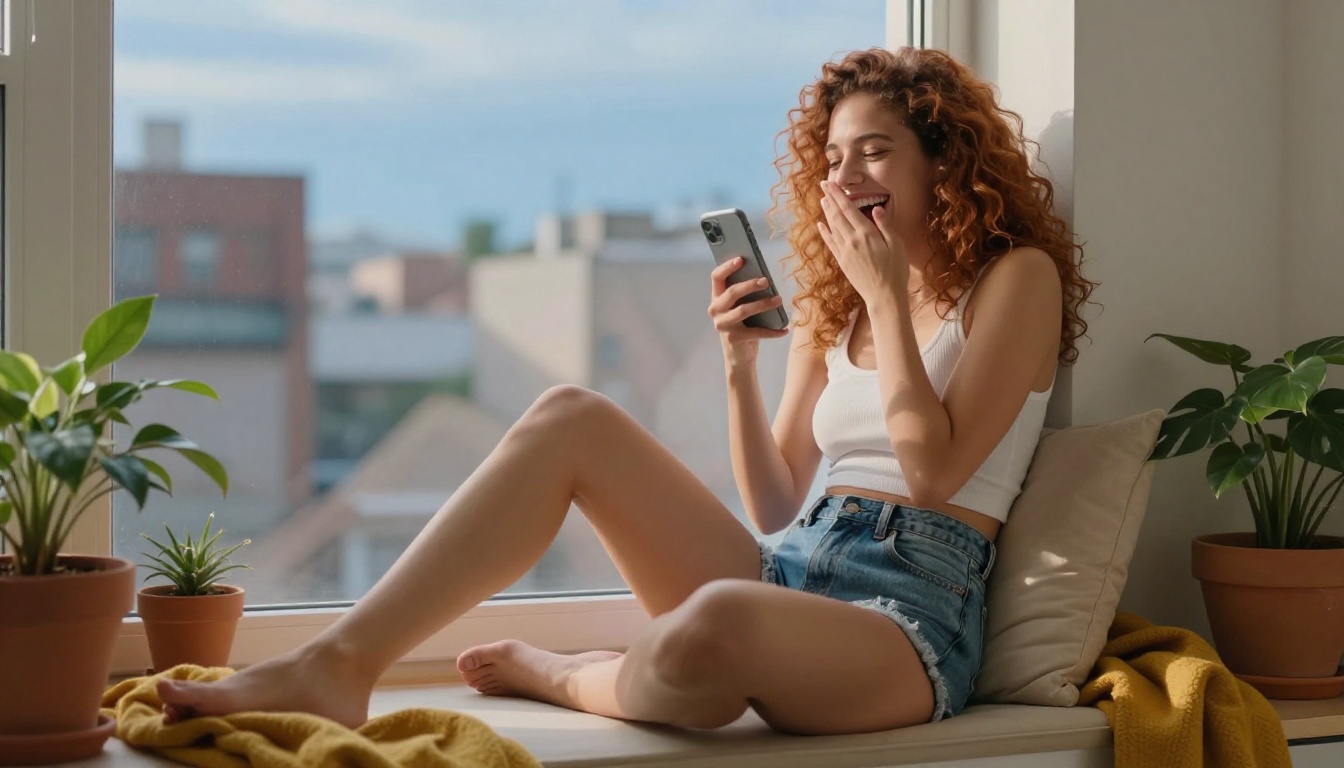 Woman with curly auburn hair laughing freely at a sunlit window seat