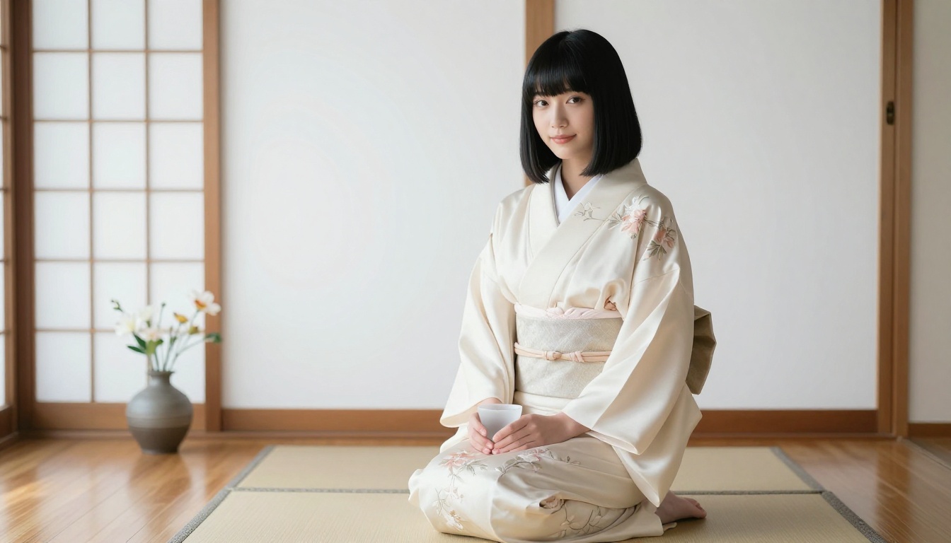 Japanese aesthetic woman in a minimalist interior, serene and present