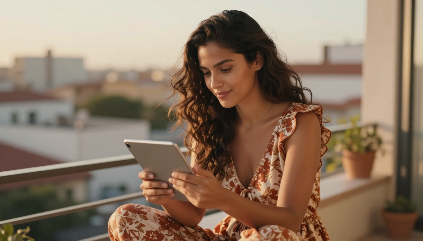 Latina woman scrolling through AI companion profiles on a sunlit balcony with a thoughtful expression