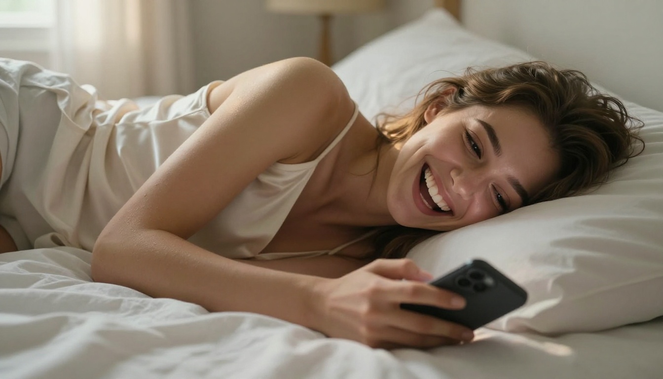 Woman lying on her bed laughing at her phone in warm morning light with soft linen sheets