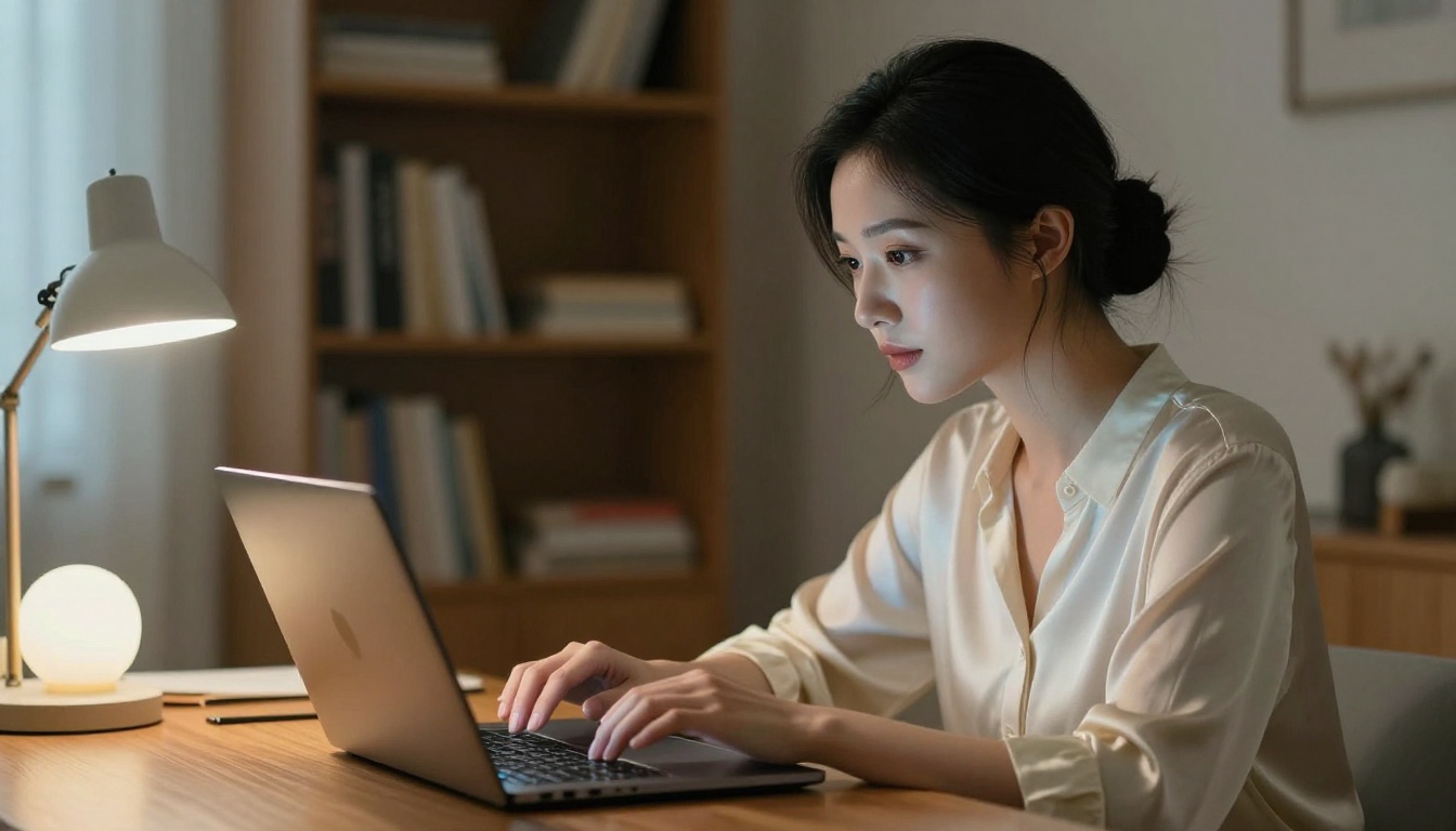 East Asian woman at a warmly lit home office desk reviewing companion configuration on a laptop