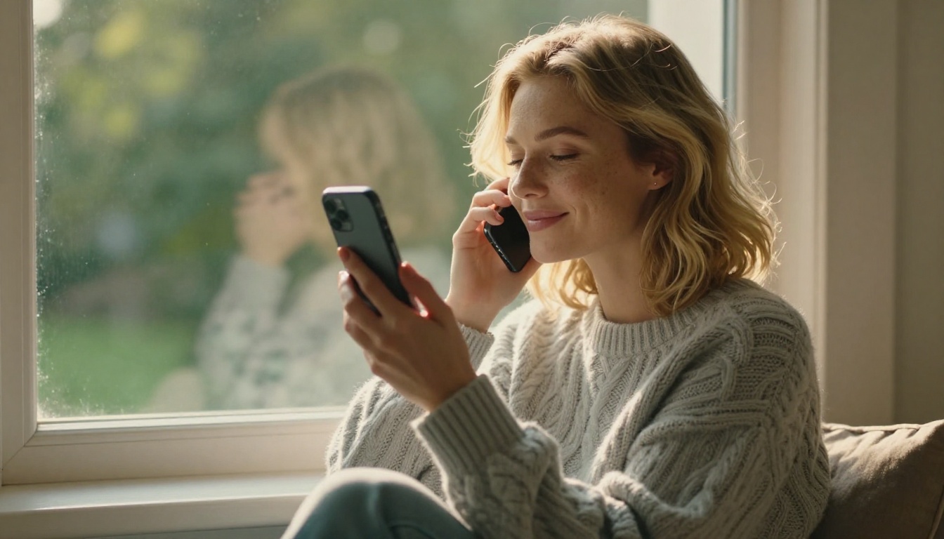 European woman with natural blonde waves sitting in warm afternoon light, phone to her ear with a serene smile