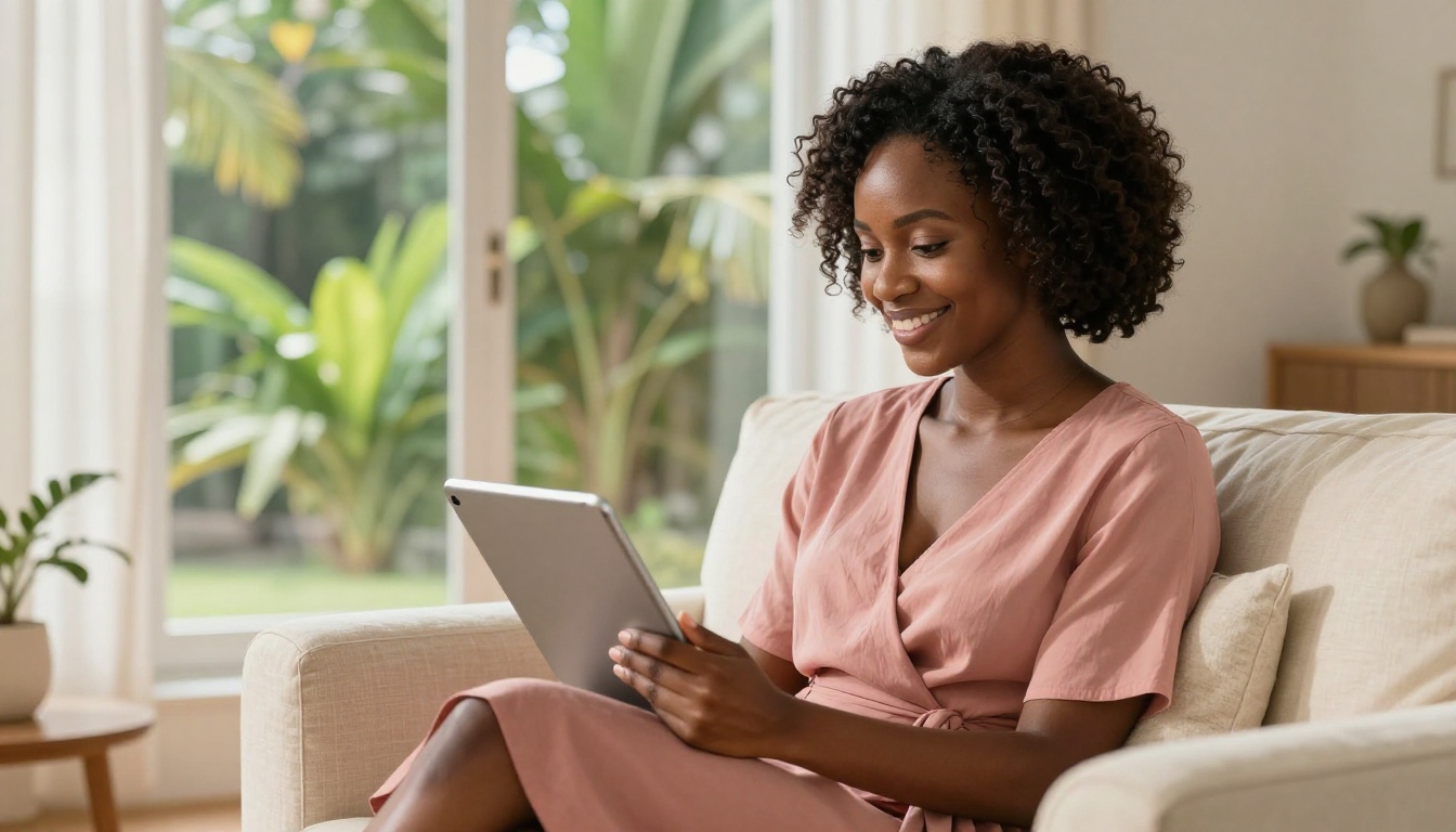 African woman in rose-pink dress smiling with genuine delight while browsing companions on a tablet