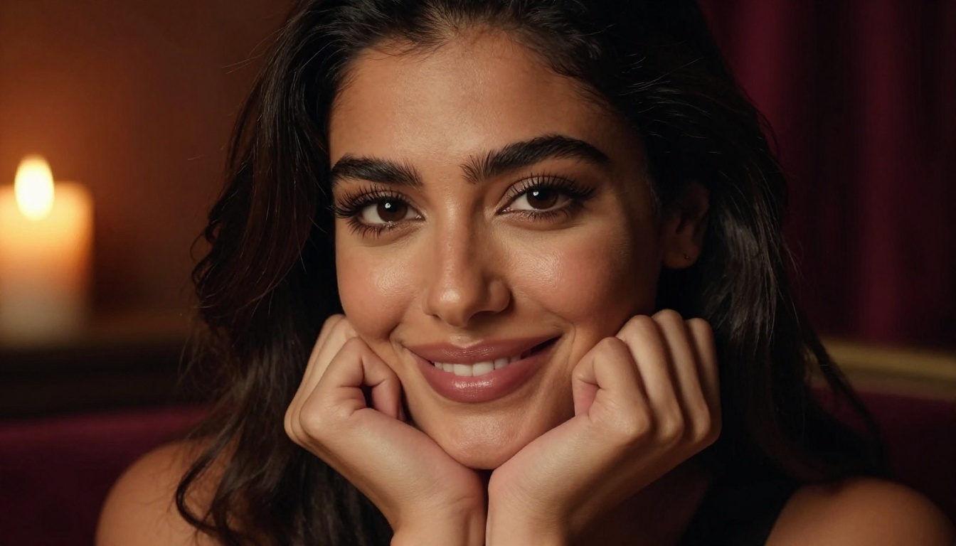 Middle Eastern woman with a knowing smile resting her chin on her hands, warm candlelit background