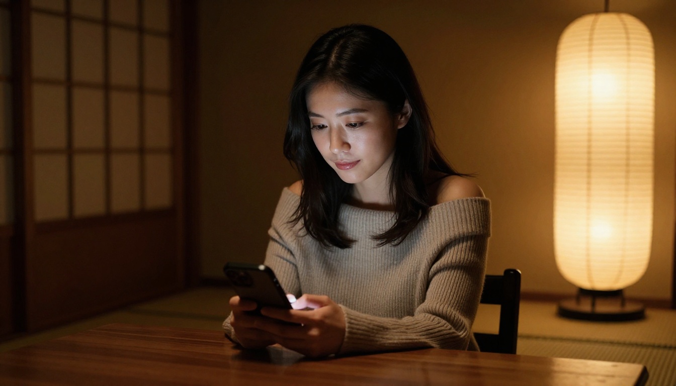 Japanese woman sitting in a dim tea room with warm paper lantern light, smartphone on the table before her