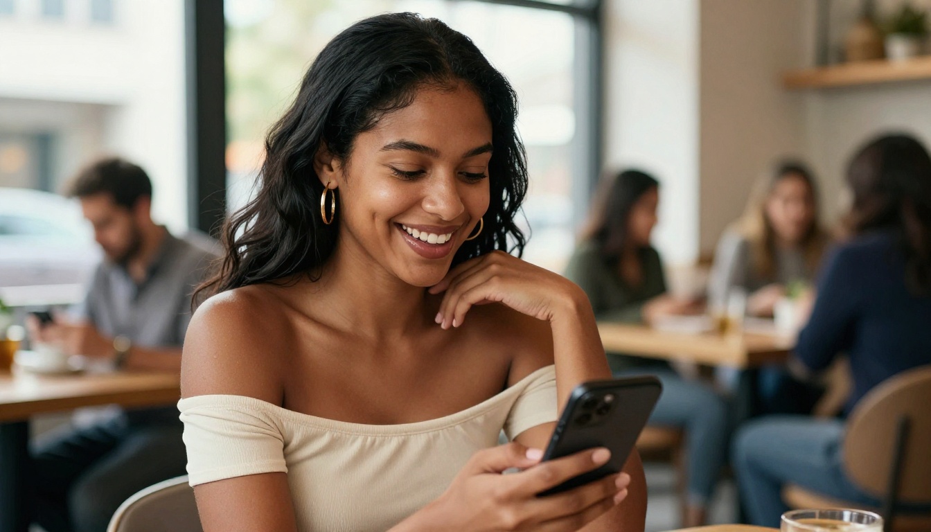 A Latina woman laughing at her smartphone in a sunlit cafe