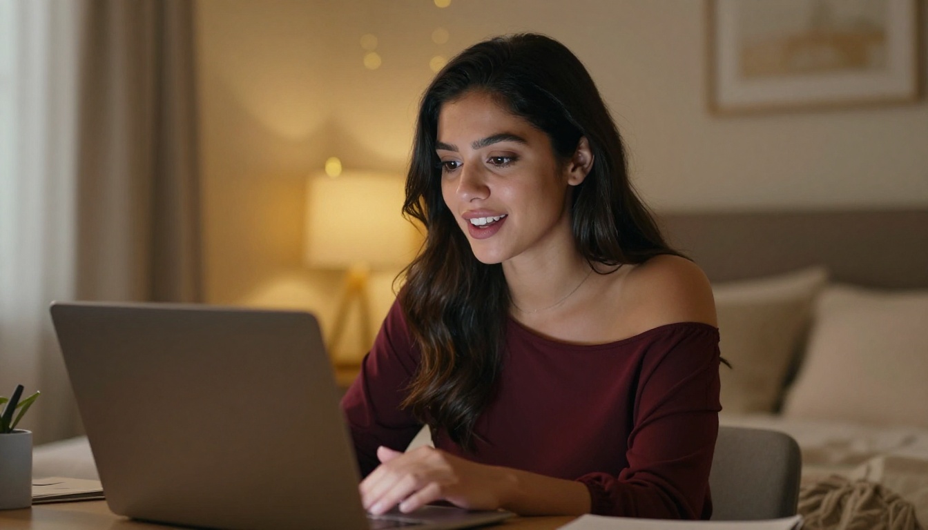 Latina woman on a video call, warm lamp and screen light on her face, animated and emotionally present
