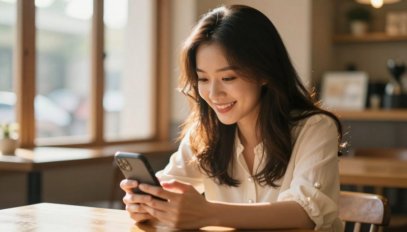 A beautiful Asian woman smiling warmly at her phone in a cozy cafe, sunlight catching her hair, candid and genuine