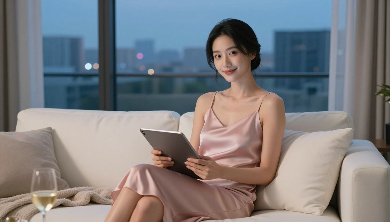 Elegant Asian woman on a white sofa with a tablet, city skyline at dusk
