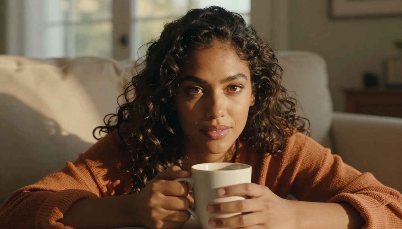 Stunning Latina woman with caramel skin lounging on an ivory sofa with a warm coffee mug, relaxed and inviting gaze, golden afternoon light