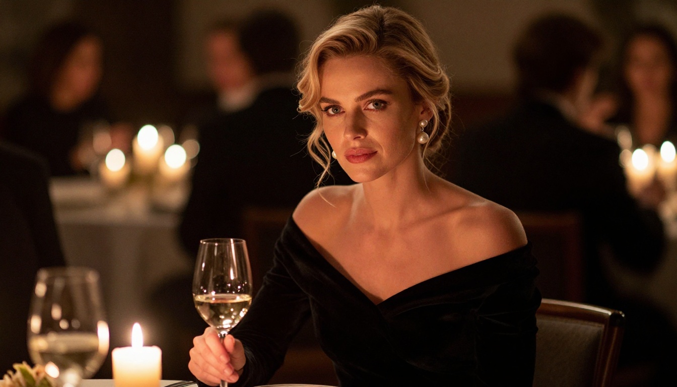 Elegant European woman with soft hazel eyes at a candlelit dinner, holding a wine glass, thoughtful intimate expression, romantic moody atmosphere