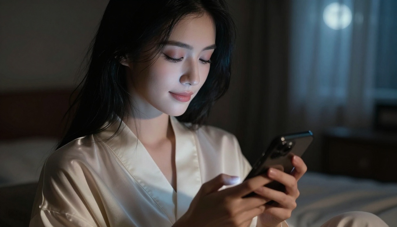 Asian woman in private intimate atmosphere with smartphone