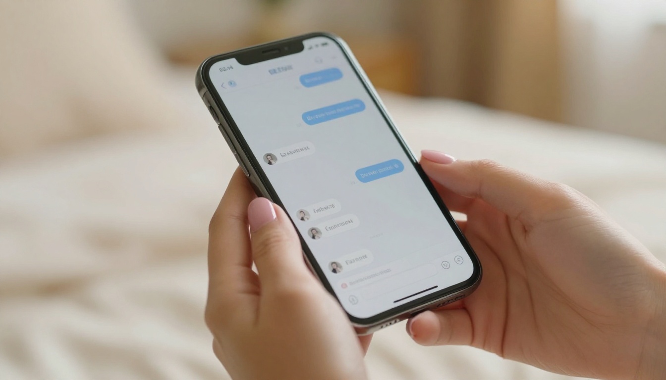 Close-up of feminine hands with blush pink nails holding a smartphone showing chat bubbles, warm golden bokeh bedroom background