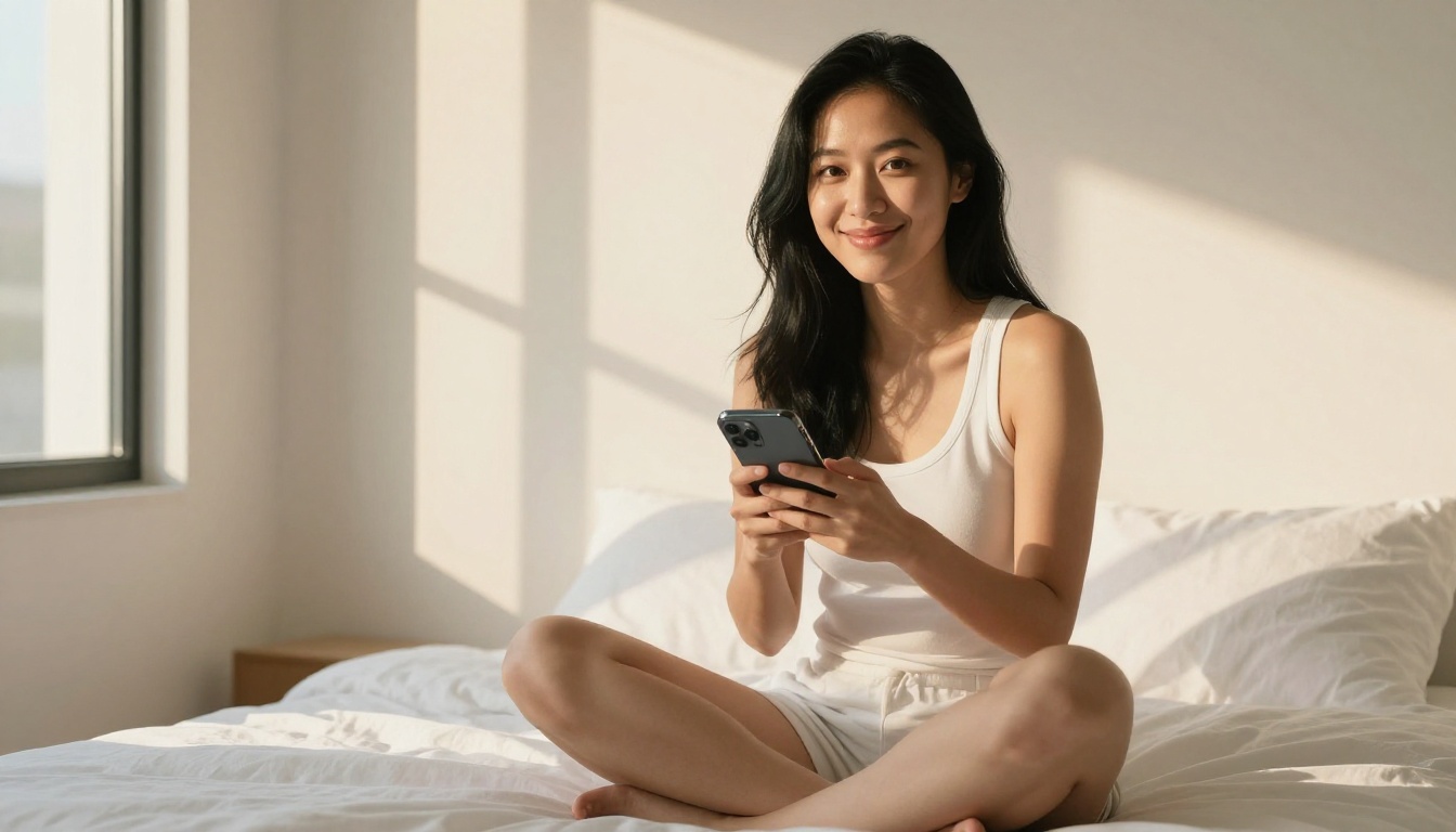 A stunning Asian woman with long silky black hair sitting cross-legged on a minimalist white bed, smiling warmly at her smartphone in soft morning light