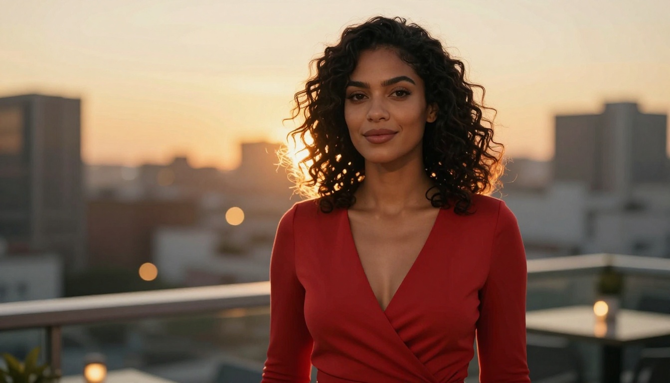 Confident Latina woman in red dress at golden hour rooftop