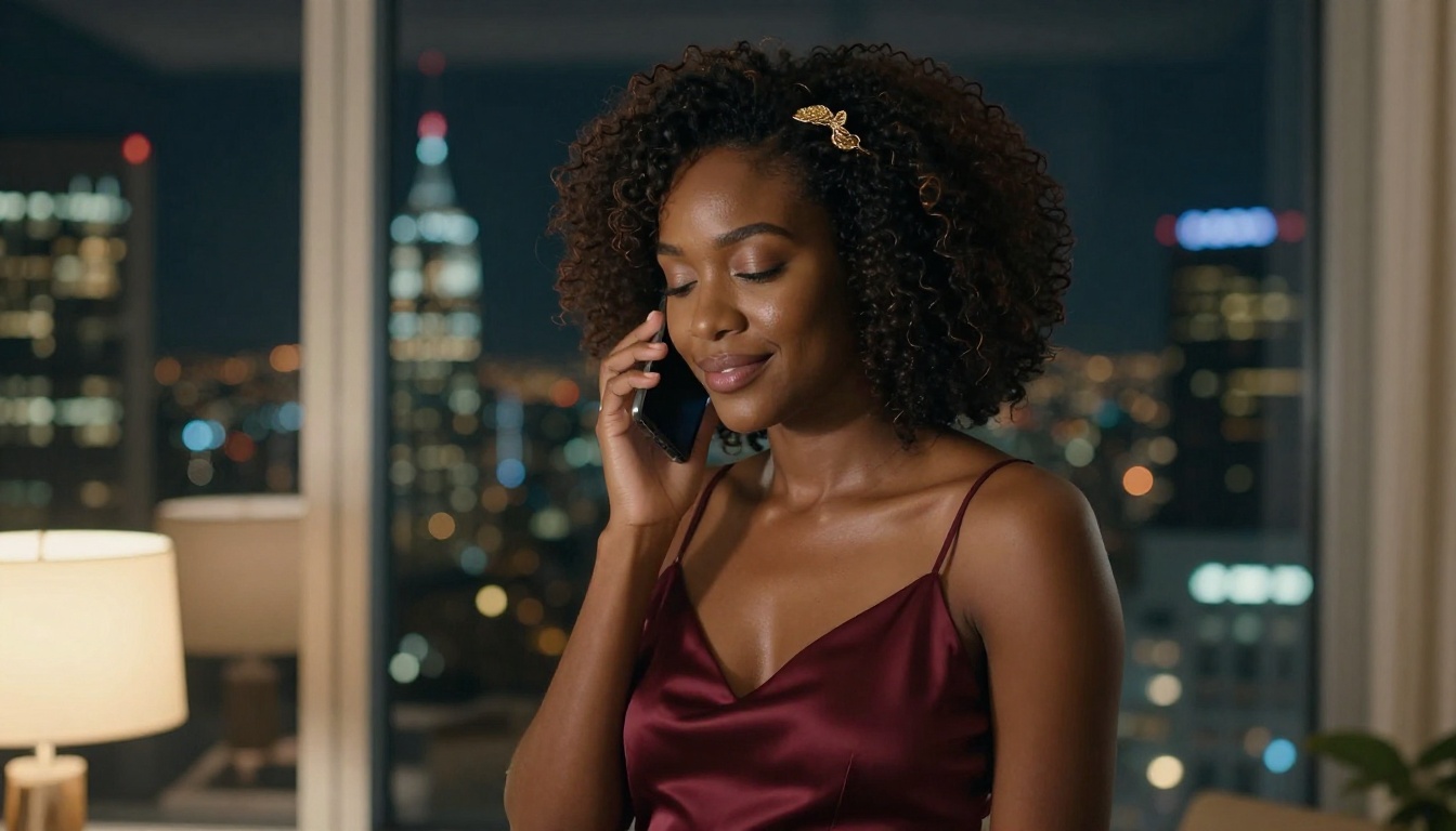 African American woman in burgundy satin dress at night city window, phone to ear