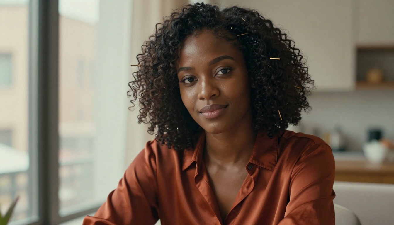 Stunning African woman with natural textured hair and gold pins, confident warm gaze, soft daylight from a window, elegant rust silk blouse