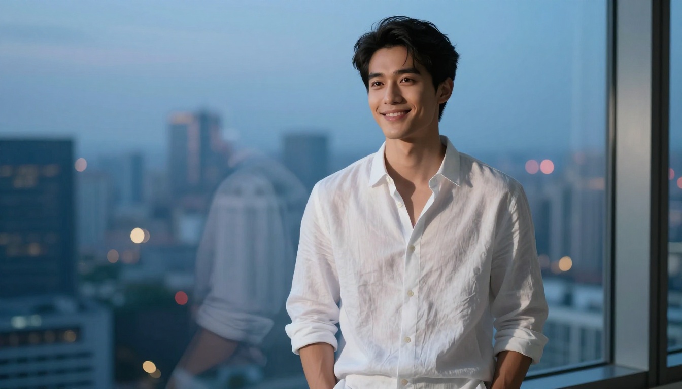 A stylish young man standing near a floor-to-ceiling window at dusk, warm city lights blurred behind him, confident and approachable expression