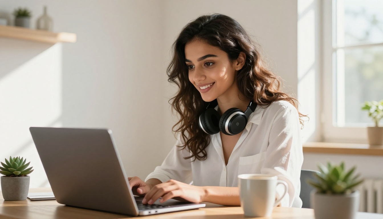 Middle Eastern woman at a minimalist home desk, smiling warmly at her laptop
