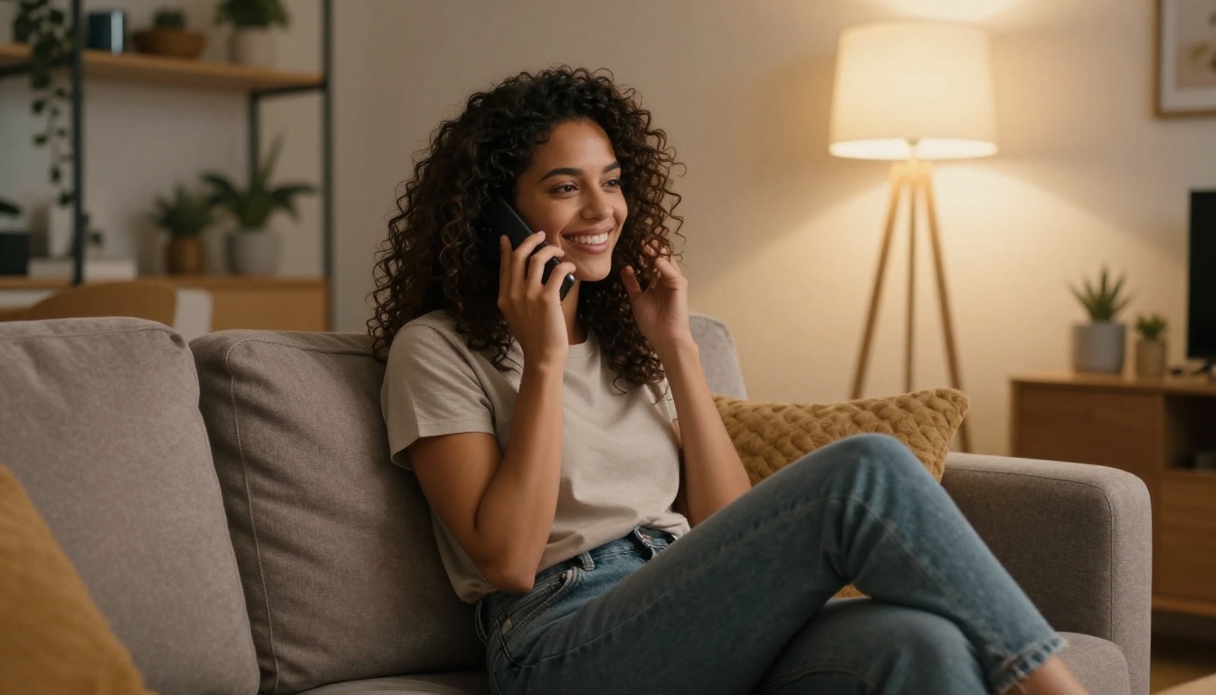 A beautiful Latina woman with natural curly dark hair relaxed on a plush sofa, laughing while chatting on her phone in warm evening lamplight