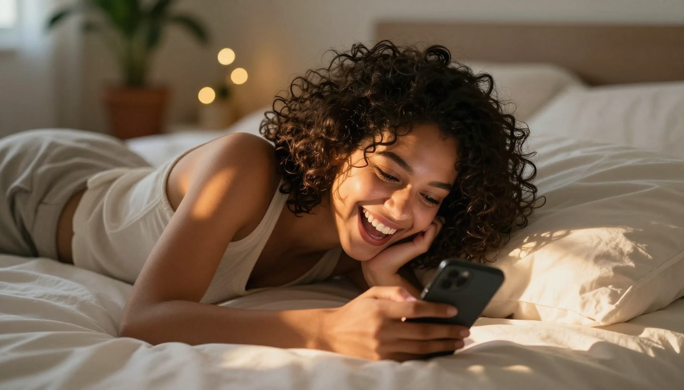 A woman lying on her bed laughing genuinely at her phone, warm afternoon sunlight across white sheets, candid and joyful
