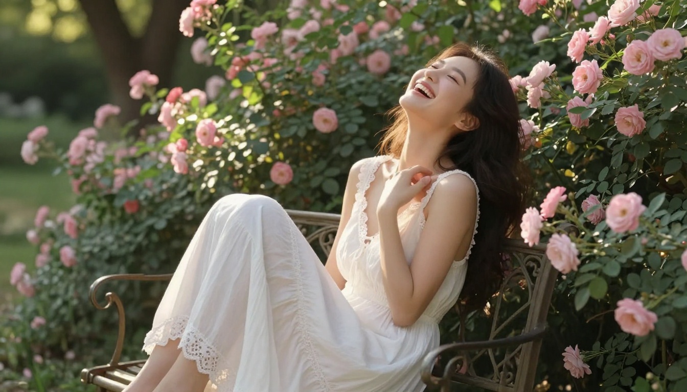 Beautiful woman in flowing white sundress laughing openly on a garden bench surrounded by pink roses, warm dappled summer sunlight, aerial angle