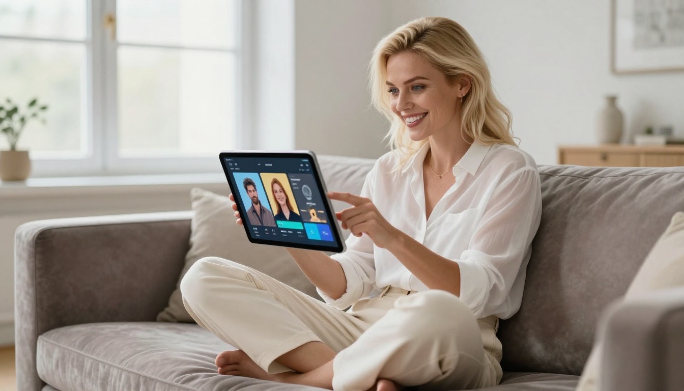 AI companion app on tablet, warm Scandinavian interior
