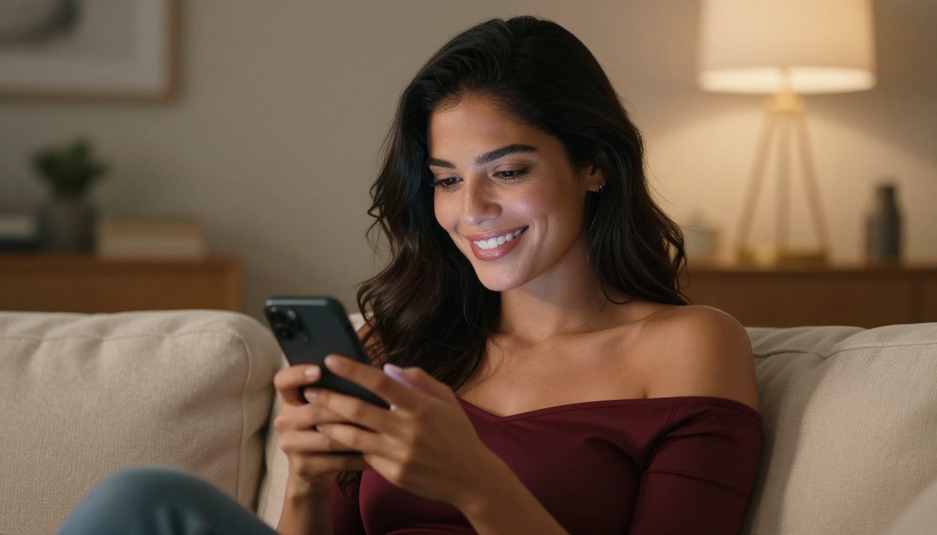 A beautiful woman engaging with AI companion technology in a warm intimate setting