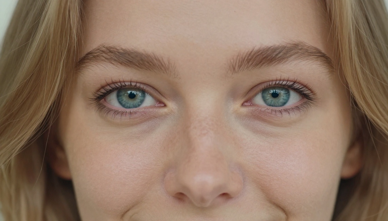 Close-up portrait of a young European woman's face, bright expressive eyes locked at camera with a playful expression, natural freckles visible, shallow depth of field, Kodak film grain