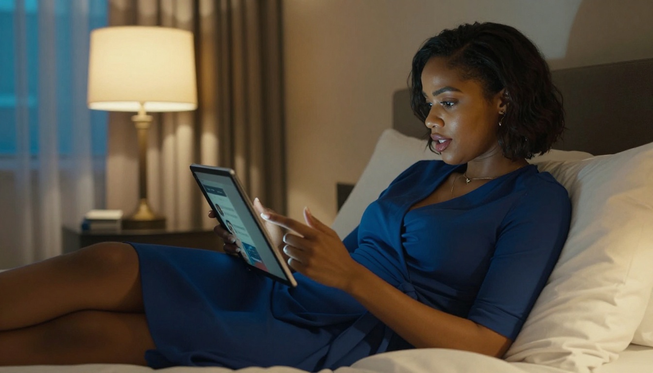 Dark-skinned woman in blue wrap dress on hotel bed, browsing character selection on tablet