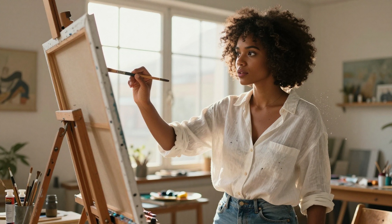 Real artist working with passionate focus on original canvas