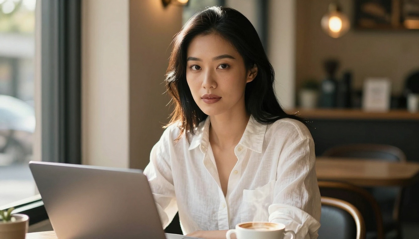 Asian woman confidently engaging with her AI companion at a cafe